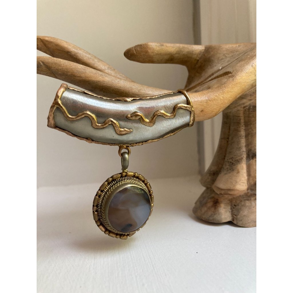 Vintage Handmade Silver & Brass Tone Slider Agate Stone Pendant For Necklace